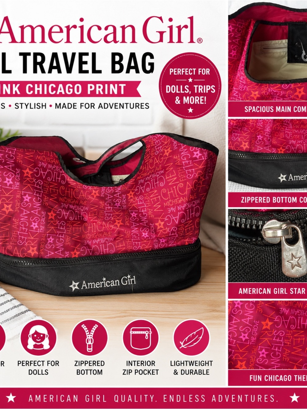 American Girl Pink Chicago Print DOLL Travel Bag